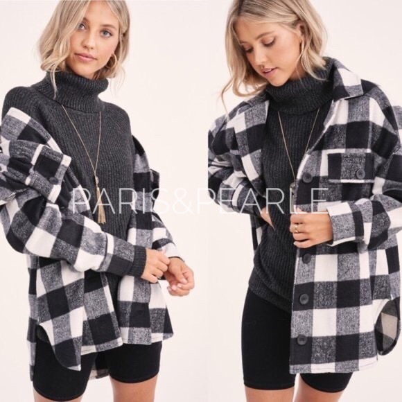 la miel Jackets & Blazers - Stella Black & White Buffalo Plaid Button Front Shacket sz Lg